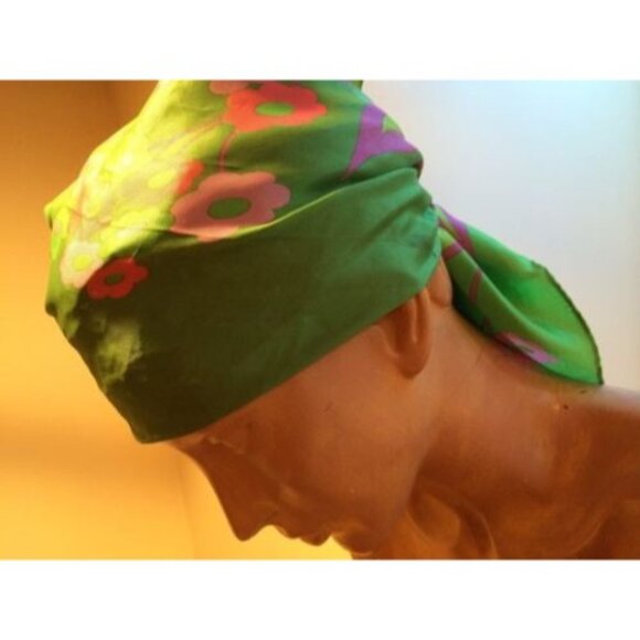 Vintage Green Pink Floral Silk Square Scarf Midcentury Design - Picture 5 of 11